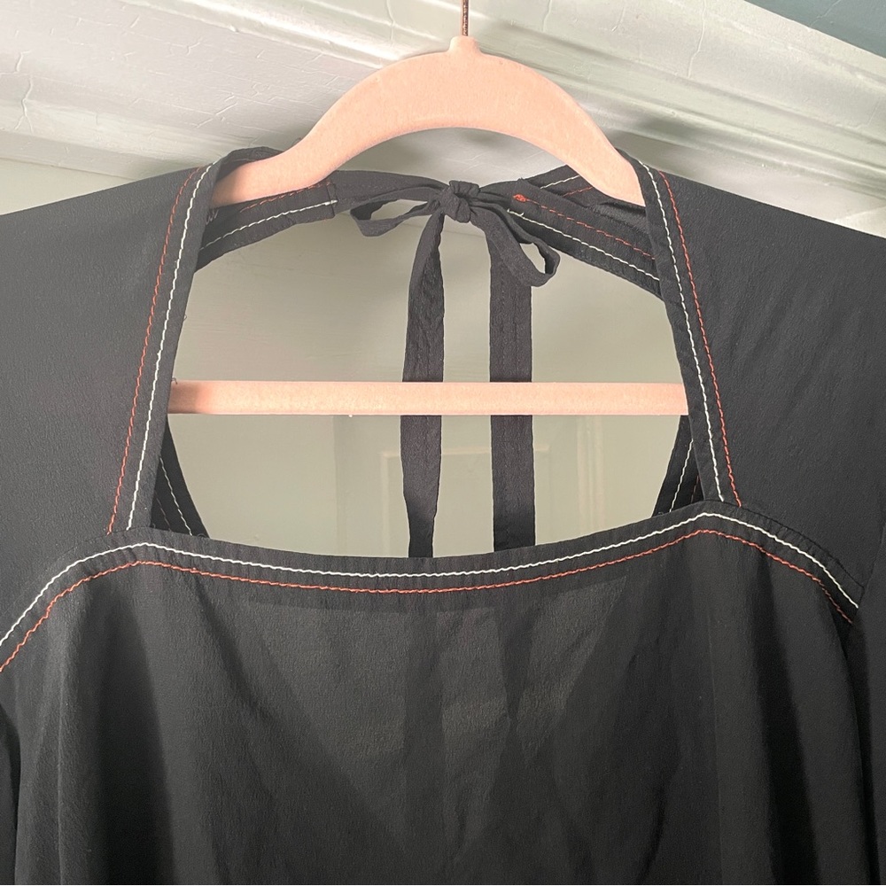 Madewell Black Silk Stitched V-Neck Tie Open Back Long Bell Sleeve Top Size M - Picture 6 of 14